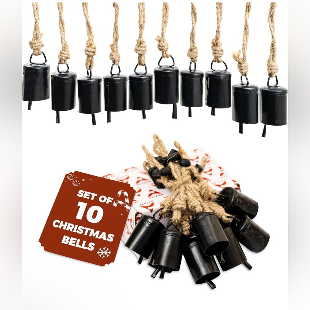 Festive Black Christmas Bells Set
10 Piece Set
Rustic and New In Box
Iron Metal